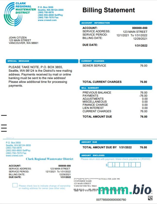 USA Washington Clark Regional Wastewater District rachunek za media, Word i PDF template